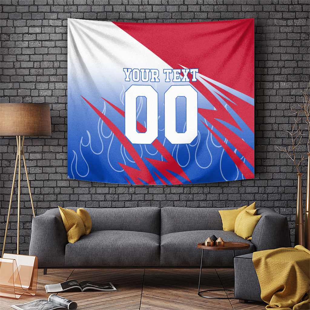 Personalized England Football Tapestry Dynamic Lion Athlete Red Blue Flame
