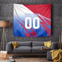 Personalized England Football Tapestry Dynamic Lion Athlete Red Blue Flame