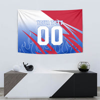 Personalized England Football Tapestry Dynamic Lion Athlete Red Blue Flame
