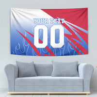 Personalized England Football Tapestry Dynamic Lion Athlete Red Blue Flame
