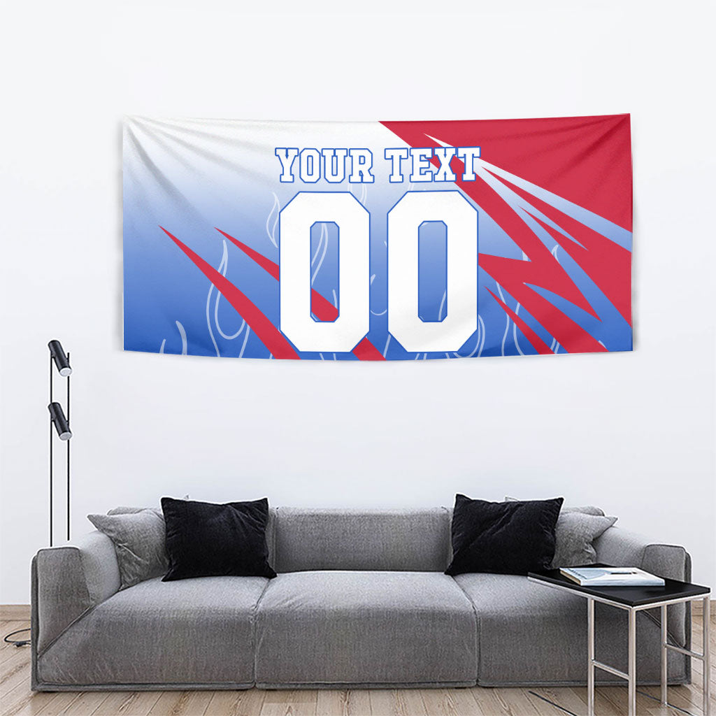 Personalized England Football Tapestry Dynamic Lion Athlete Red Blue Flame