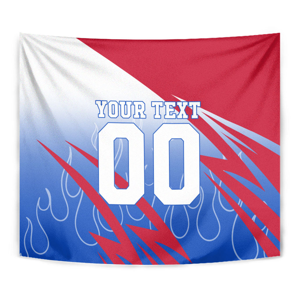 Personalized England Football Tapestry Dynamic Lion Athlete Red Blue Flame