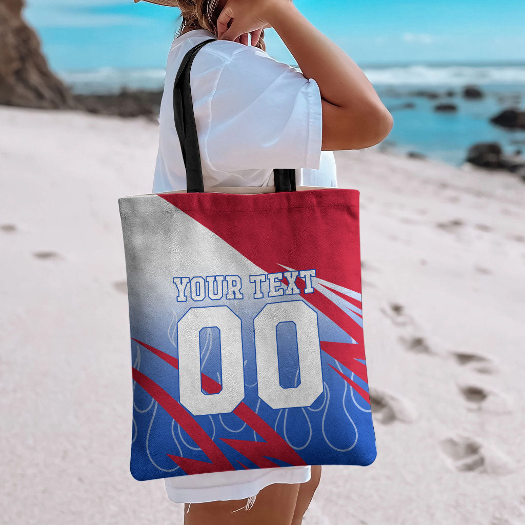 Personalized England Football Tote Bag Dynamic Lion Athlete Red Blue Flame
