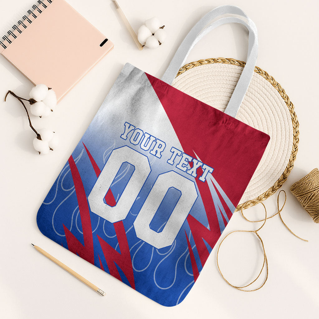 Personalized England Football Tote Bag Dynamic Lion Athlete Red Blue Flame