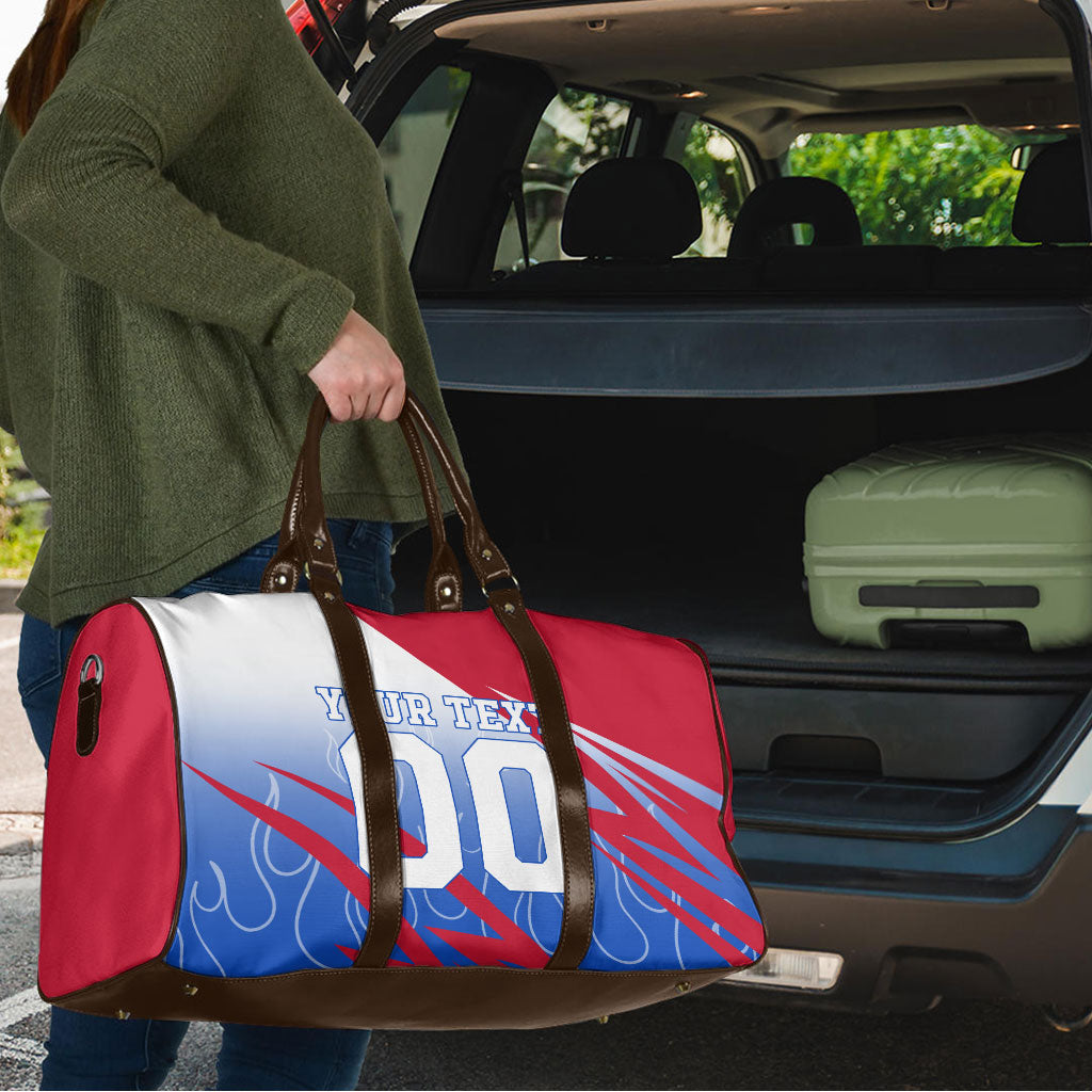 Personalized England Football Travel Bag Dynamic Lion Athlete Red Blue Flame
