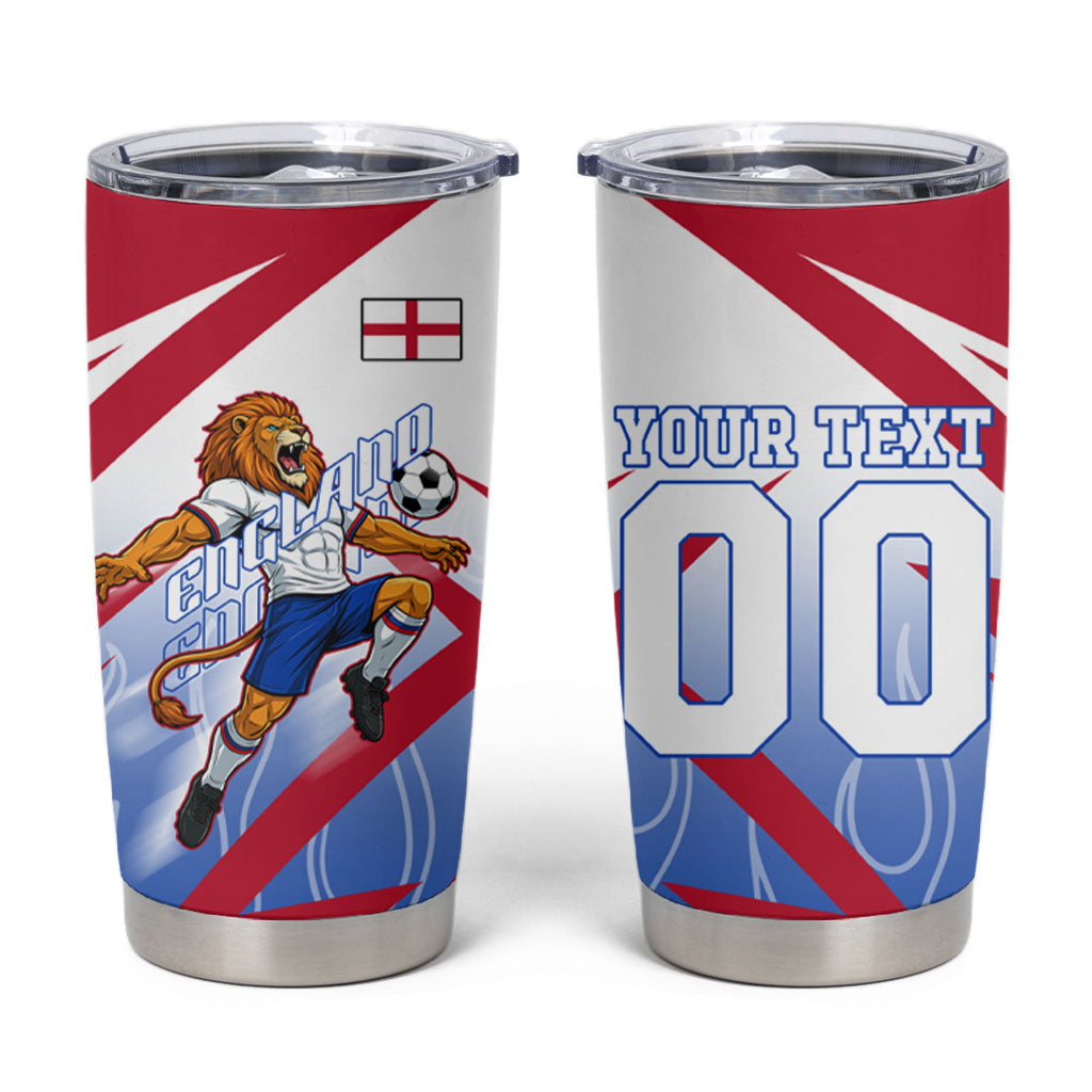 Personalized England Football Tumbler Cup Dynamic Lion Athlete Red Blue Flame