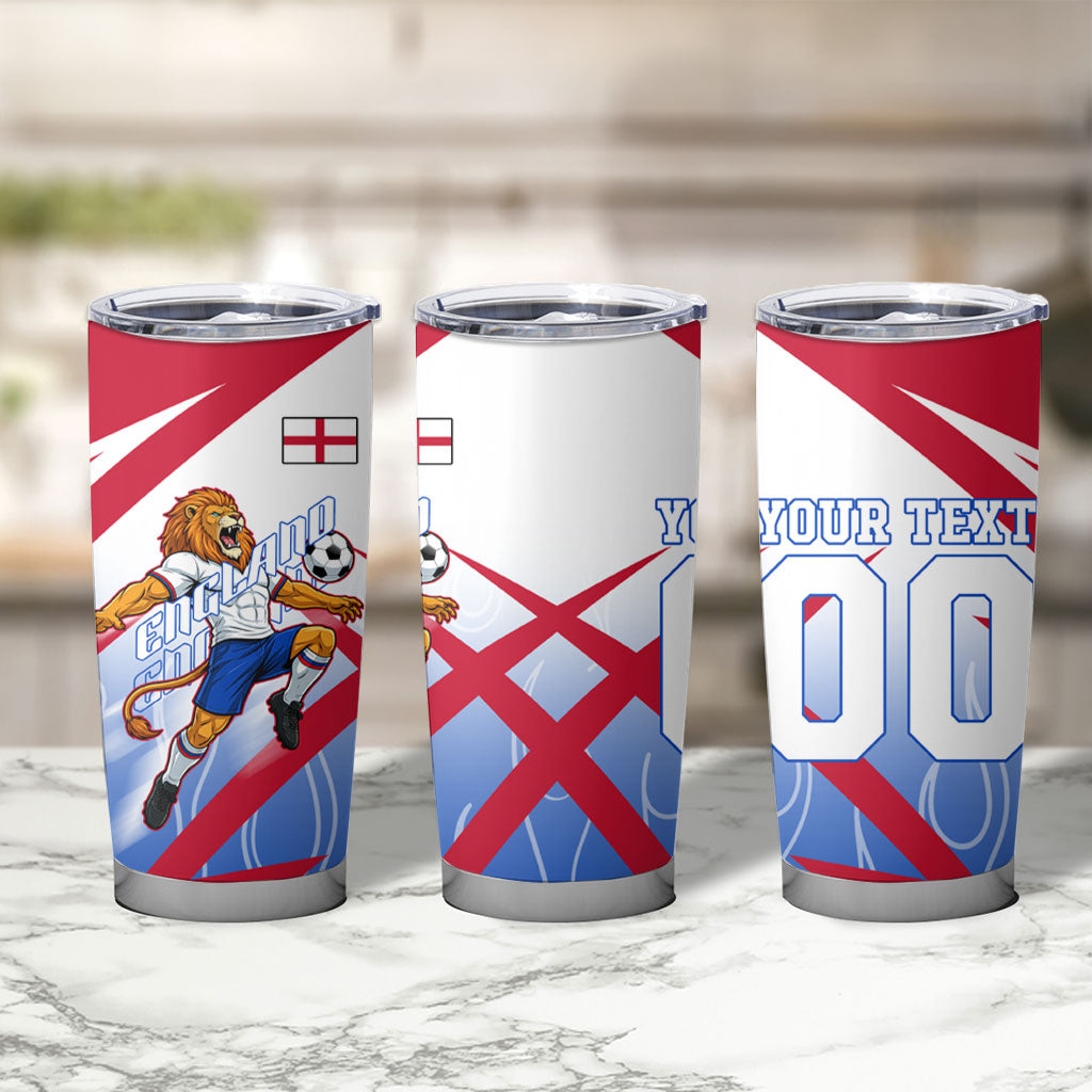 Personalized England Football Tumbler Cup Dynamic Lion Athlete Red Blue Flame