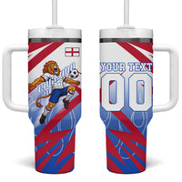 Personalized England Football Tumbler With Handle Dynamic Lion Athlete Red Blue Flame