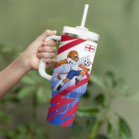 Personalized England Football Tumbler With Handle Dynamic Lion Athlete Red Blue Flame