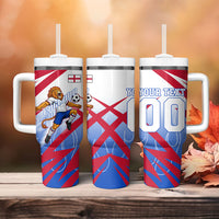 Personalized England Football Tumbler With Handle Dynamic Lion Athlete Red Blue Flame
