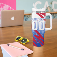 Personalized England Football Tumbler With Handle Dynamic Lion Athlete Red Blue Flame