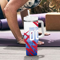 Personalized England Football Tumbler With Handle Dynamic Lion Athlete Red Blue Flame