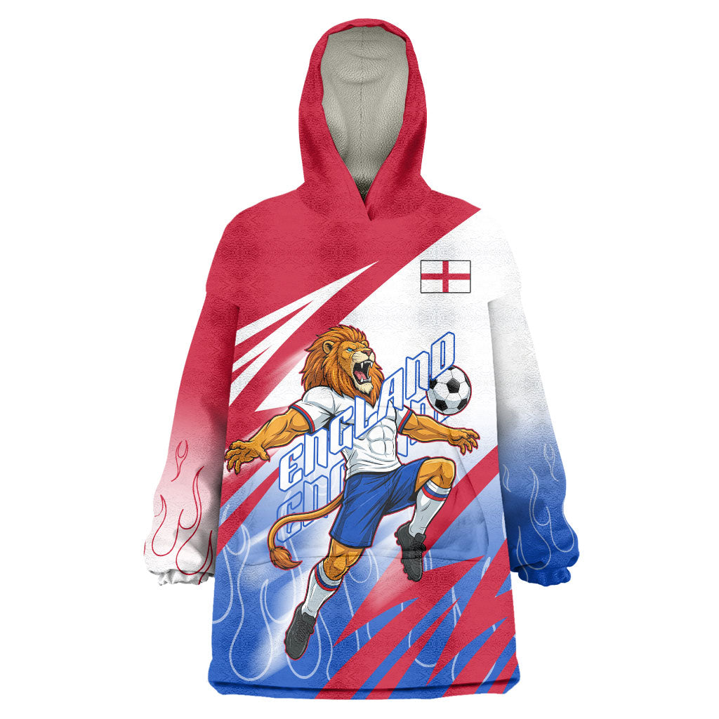 Personalized England Football Wearable Blanket Hoodie Dynamic Lion Athlete Red Blue Flame