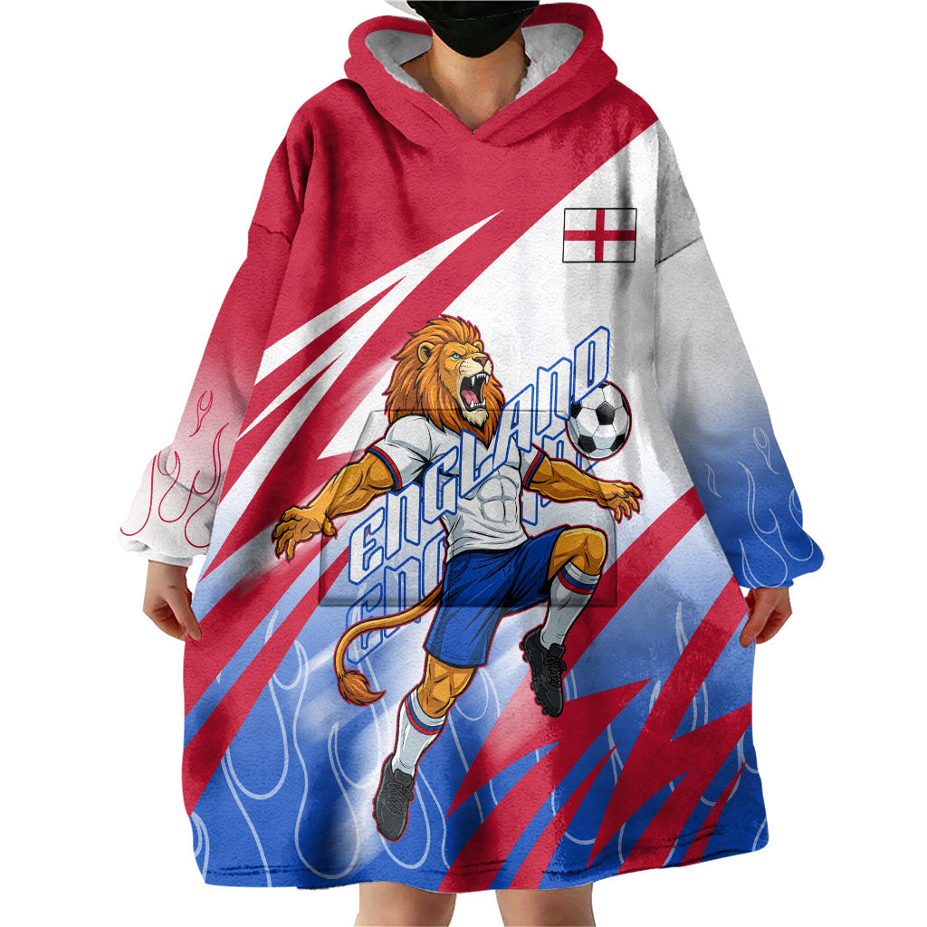 Personalized England Football Wearable Blanket Hoodie Dynamic Lion Athlete Red Blue Flame