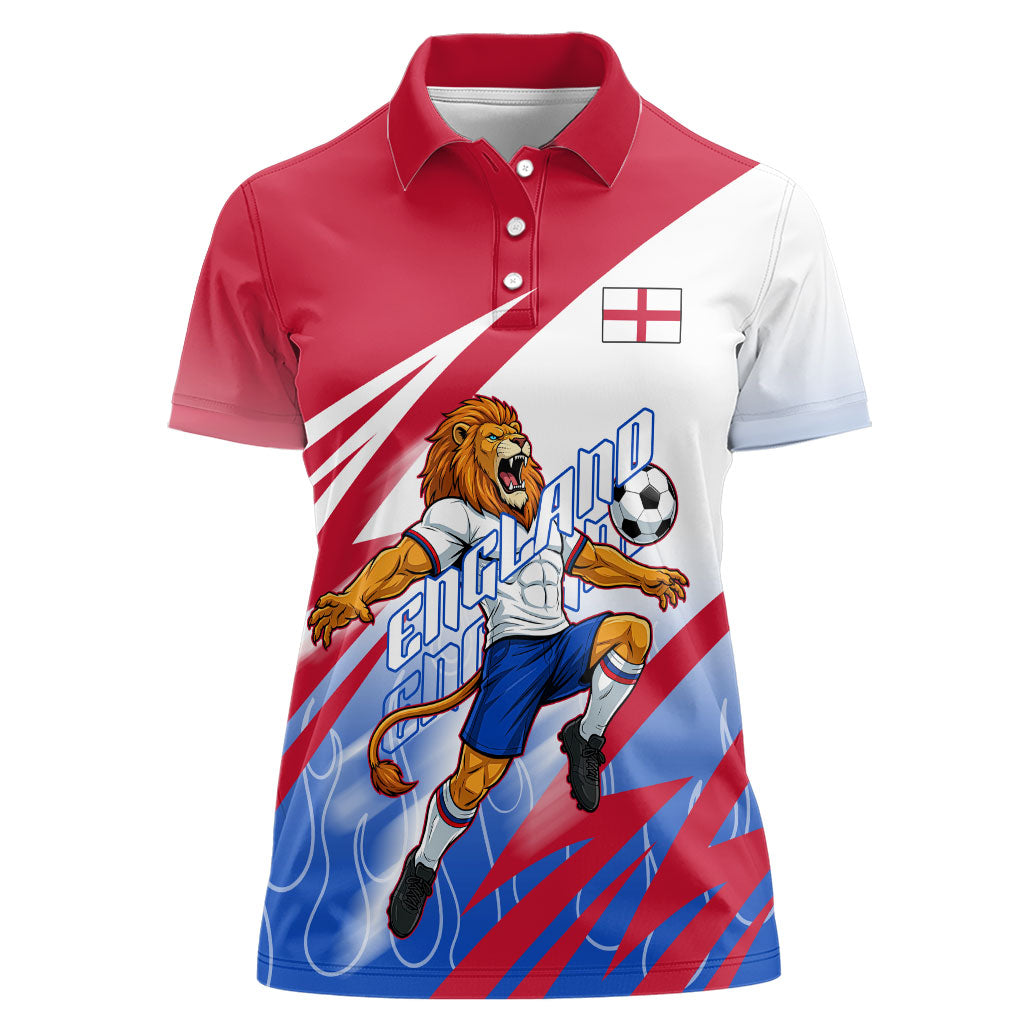 Personalized England Football Women Polo Shirt Dynamic Lion Athlete Red Blue Flame