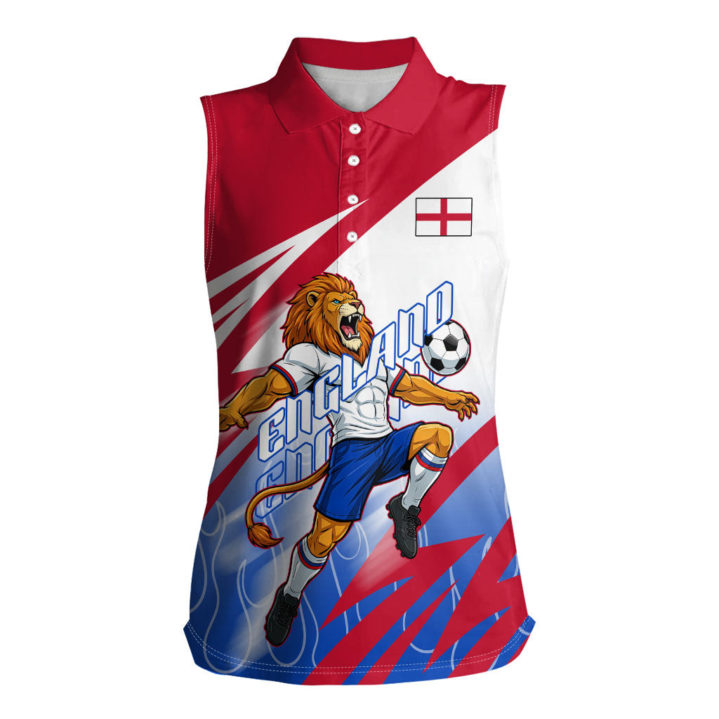 Personalized England Football Women Sleeveless Polo Shirt Dynamic Lion Athlete Red Blue Flame