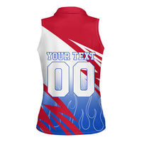 Personalized England Football Women Sleeveless Polo Shirt Dynamic Lion Athlete Red Blue Flame