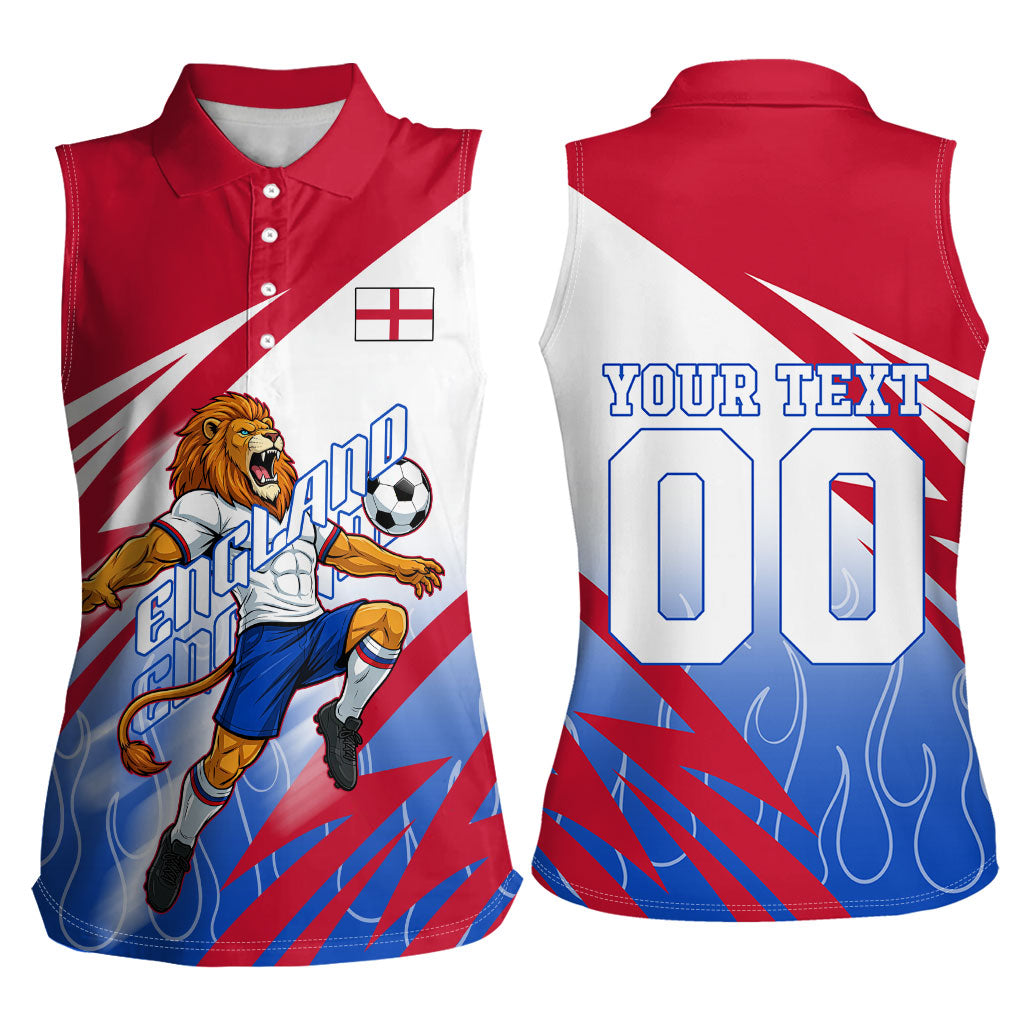 Personalized England Football Women Sleeveless Polo Shirt Dynamic Lion Athlete Red Blue Flame