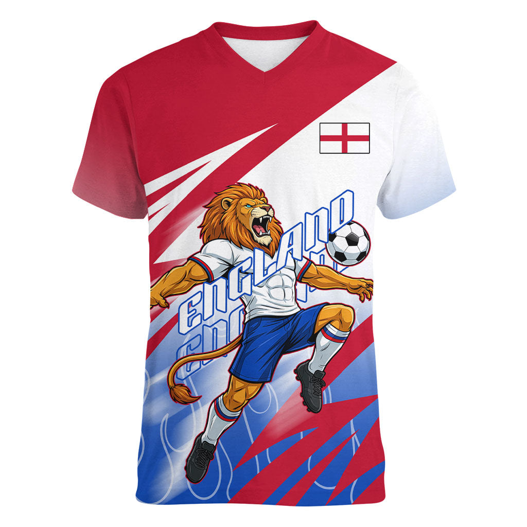 Personalized England Football Women V-Neck T-Shirt Dynamic Lion Athlete Red Blue Flame