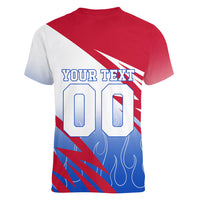 Personalized England Football Women V-Neck T-Shirt Dynamic Lion Athlete Red Blue Flame