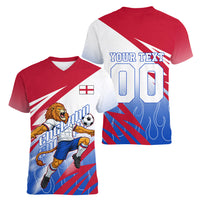 Personalized England Football Women V-Neck T-Shirt Dynamic Lion Athlete Red Blue Flame