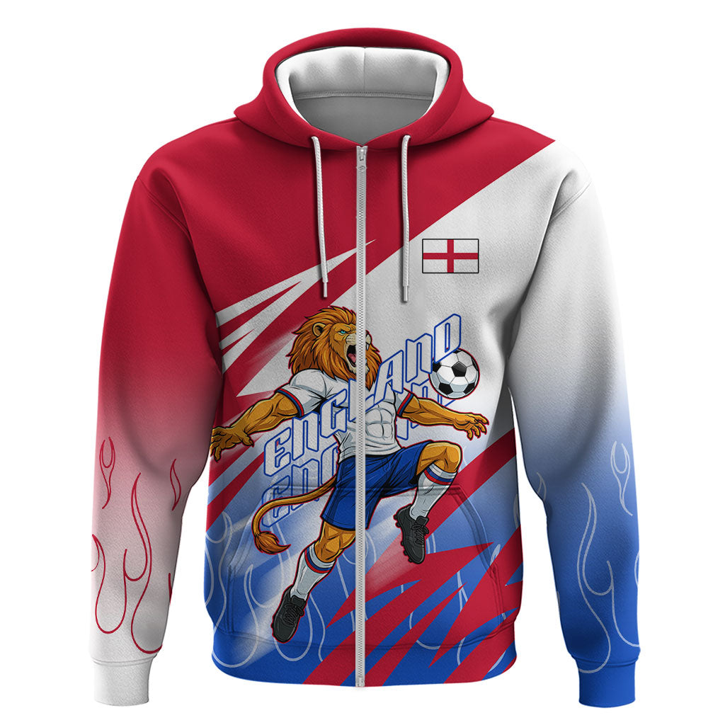 Personalized England Football Zip Hoodie Dynamic Lion Athlete Red Blue Flame