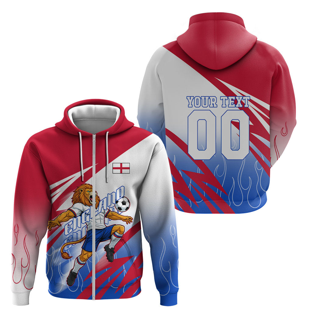 Personalized England Football Zip Hoodie Dynamic Lion Athlete Red Blue Flame