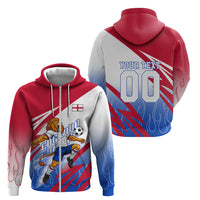 Personalized England Football Zip Hoodie Dynamic Lion Athlete Red Blue Flame