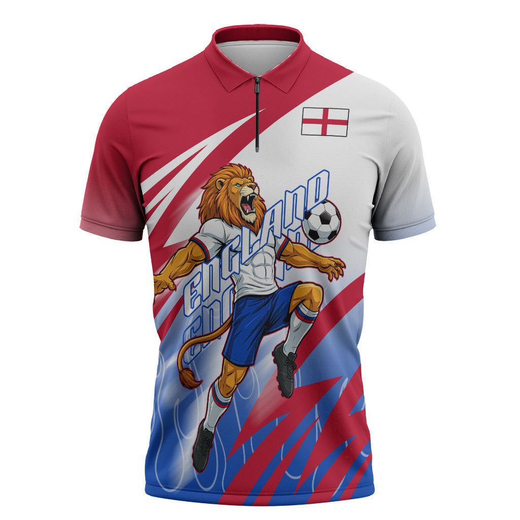 Personalized England Football Zipper Polo Shirt Dynamic Lion Athlete Red Blue Flame