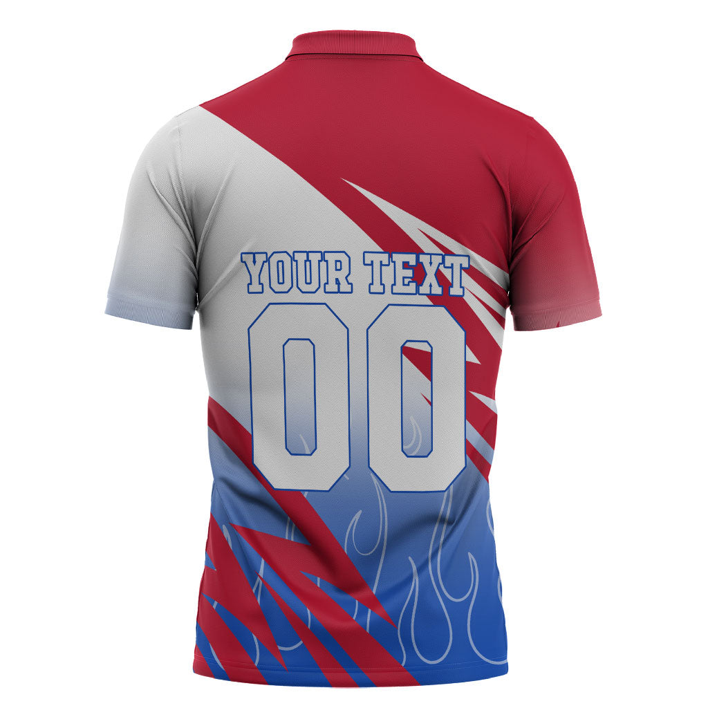 Personalized England Football Zipper Polo Shirt Dynamic Lion Athlete Red Blue Flame