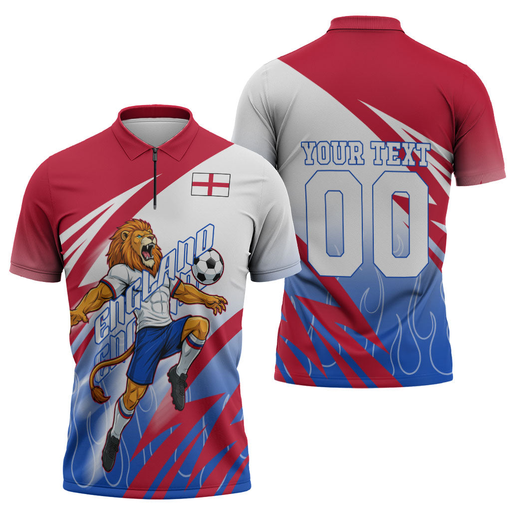 Personalized England Football Zipper Polo Shirt Dynamic Lion Athlete Red Blue Flame