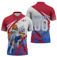 Personalized England Football Zipper Polo Shirt Dynamic Lion Athlete Red Blue Flame
