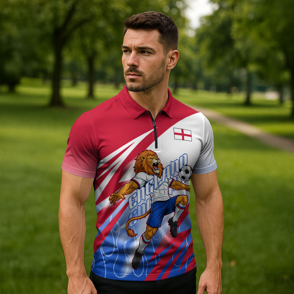 Personalized England Football Zipper Polo Shirt Dynamic Lion Athlete Red Blue Flame