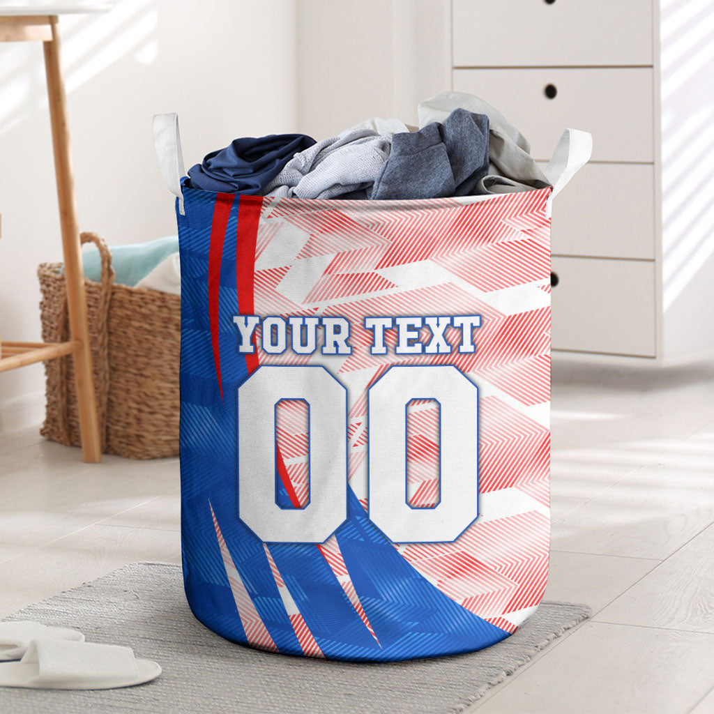 Personalized England Football Laundry Basket Powerful Lion Kicking Ball Red Blue Chevron Zigzag