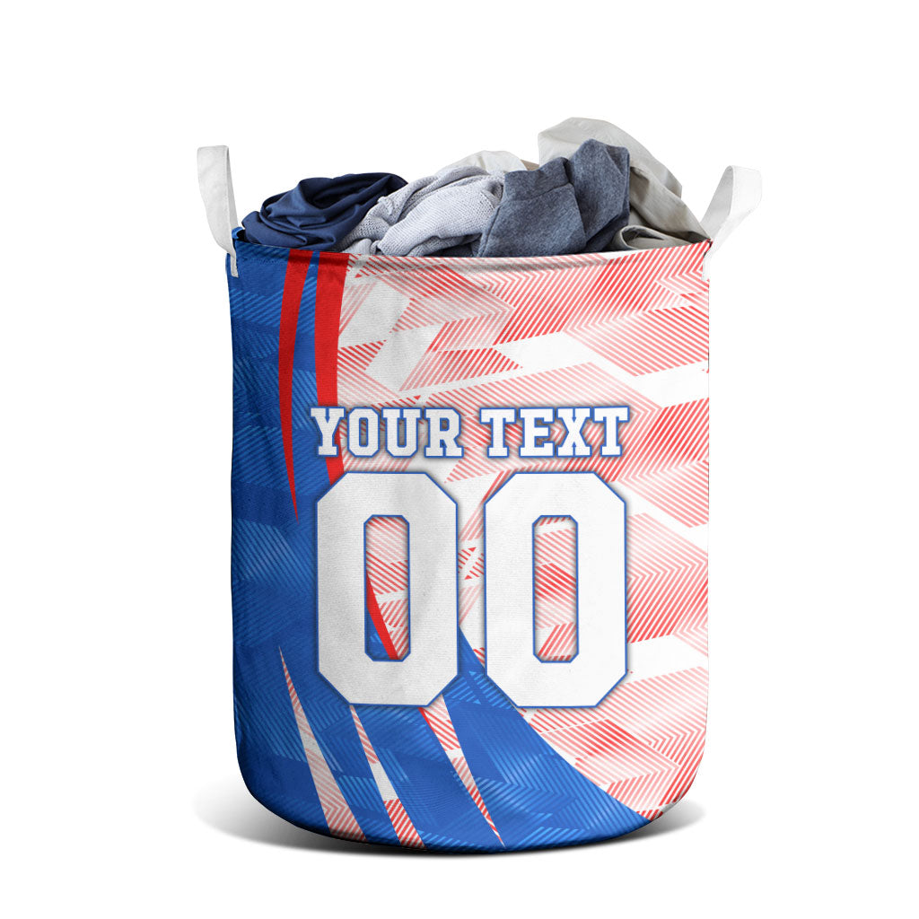 Personalized England Football Laundry Basket Powerful Lion Kicking Ball Red Blue Chevron Zigzag