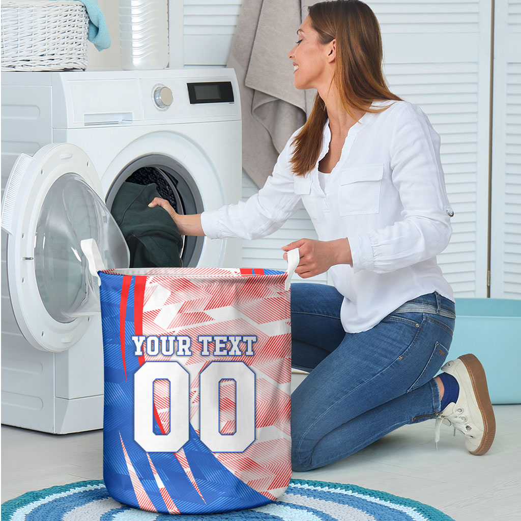 Personalized England Football Laundry Basket Powerful Lion Kicking Ball Red Blue Chevron Zigzag