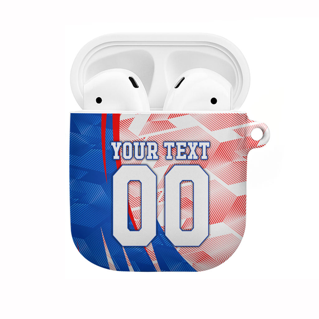 Personalized England Football AirPods Case Powerful Lion Kicking Ball Red Blue Chevron Zigzag