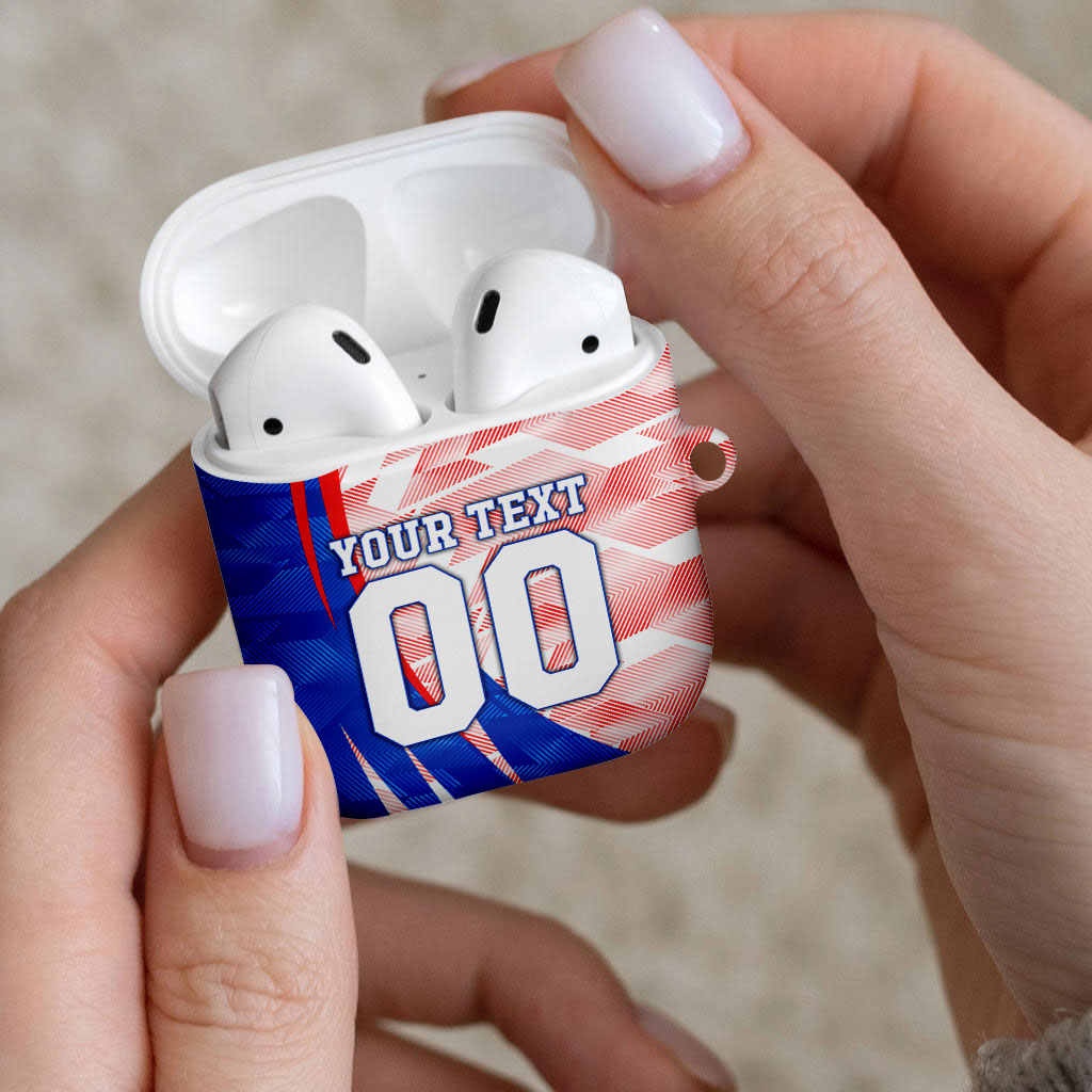 Personalized England Football AirPods Case Powerful Lion Kicking Ball Red Blue Chevron Zigzag