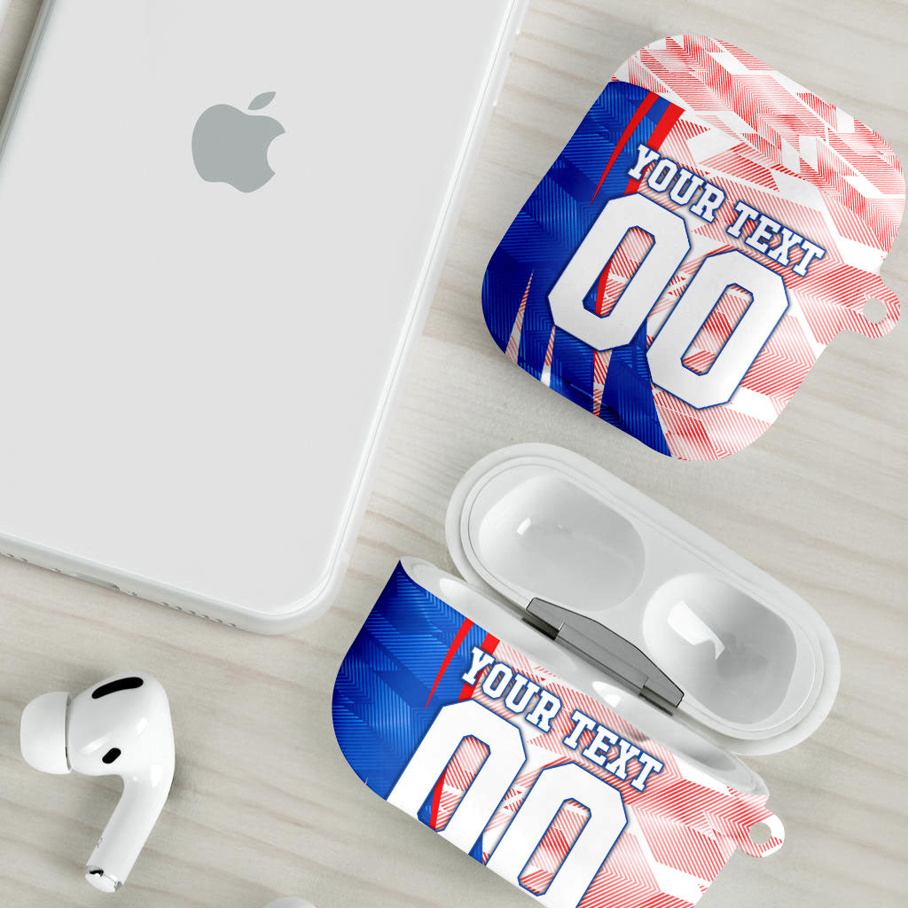 Personalized England Football AirPods Case Powerful Lion Kicking Ball Red Blue Chevron Zigzag