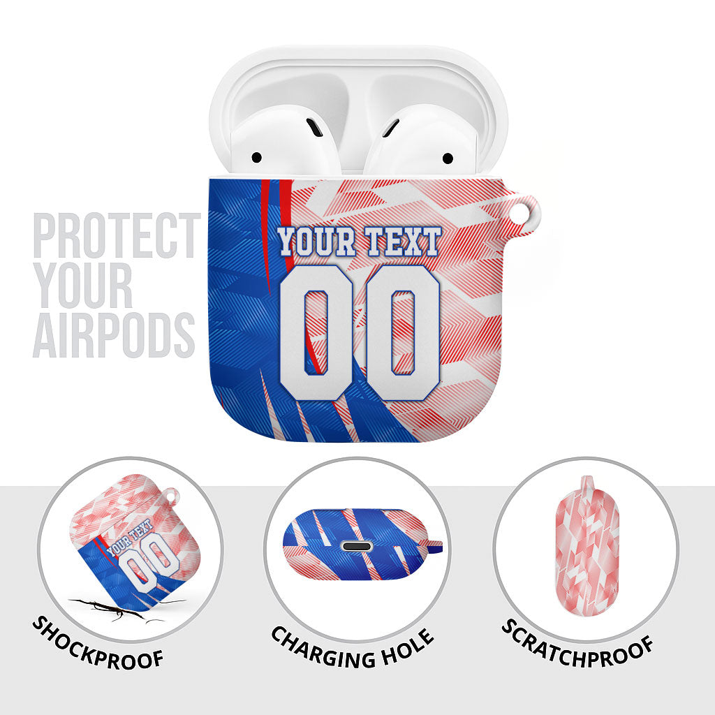 Personalized England Football AirPods Case Powerful Lion Kicking Ball Red Blue Chevron Zigzag
