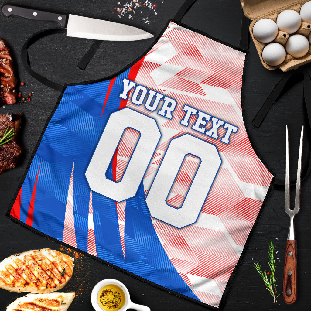 Personalized England Football Apron Powerful Lion Kicking Ball Red Blue Chevron Zigzag