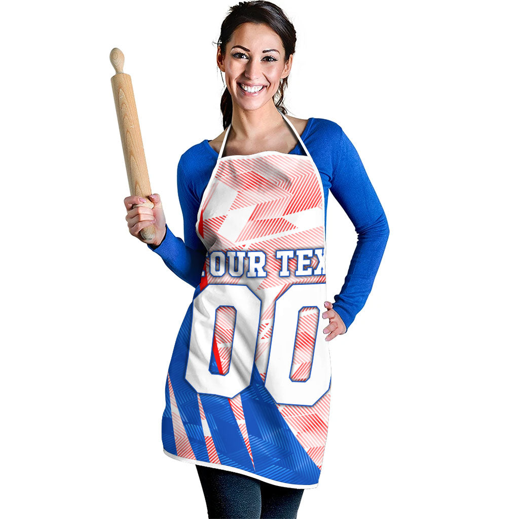 Personalized England Football Apron Powerful Lion Kicking Ball Red Blue Chevron Zigzag