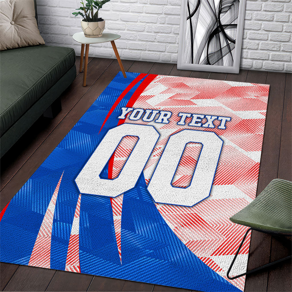 Personalized England Football Area Rug Powerful Lion Kicking Ball Red Blue Chevron Zigzag