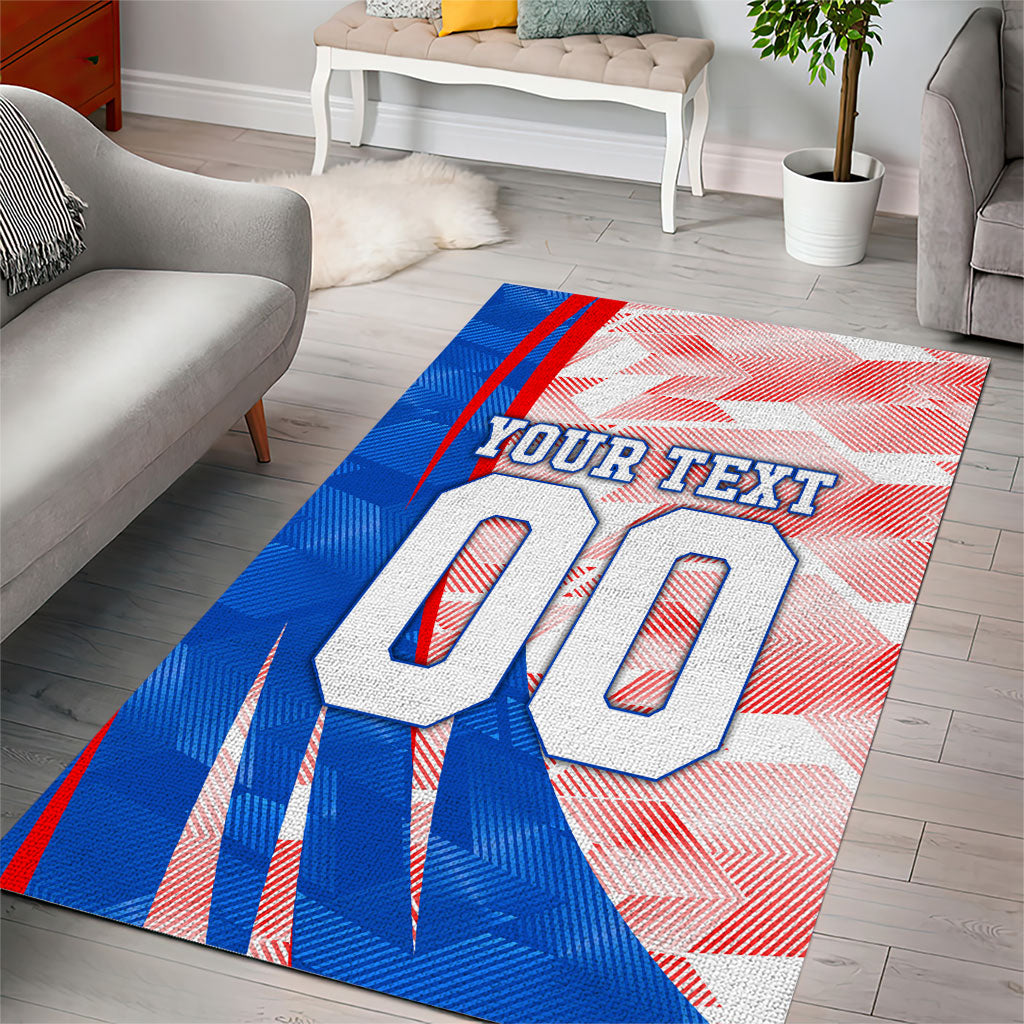 Personalized England Football Area Rug Powerful Lion Kicking Ball Red Blue Chevron Zigzag