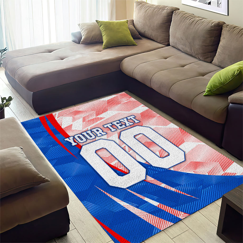 Personalized England Football Area Rug Powerful Lion Kicking Ball Red Blue Chevron Zigzag