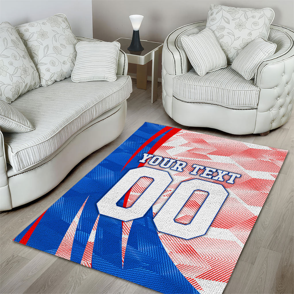 Personalized England Football Area Rug Powerful Lion Kicking Ball Red Blue Chevron Zigzag