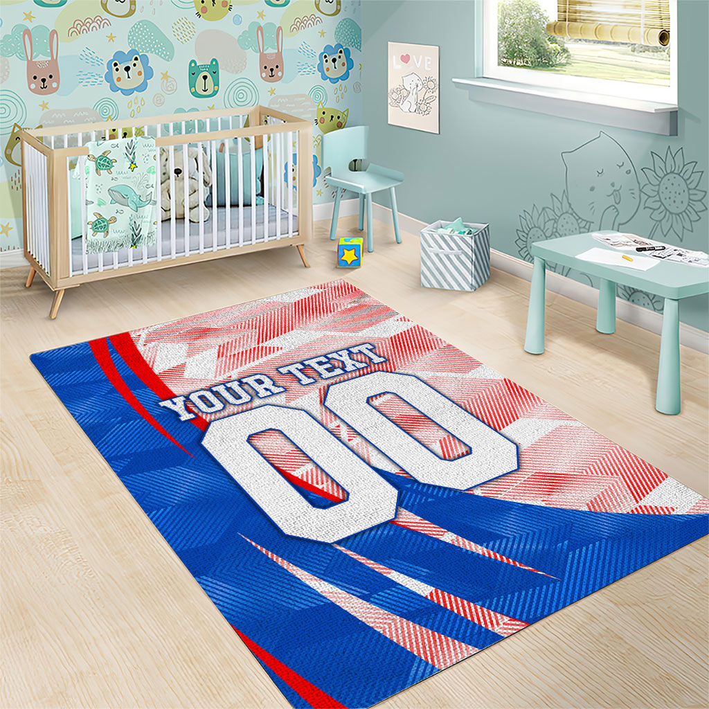 Personalized England Football Area Rug Powerful Lion Kicking Ball Red Blue Chevron Zigzag