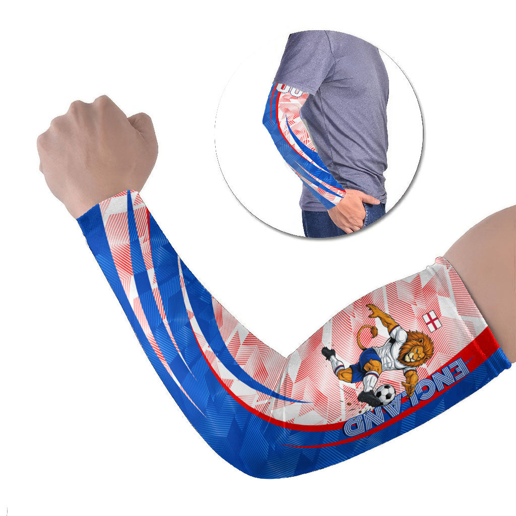 Personalized England Football Arm Sleeves Powerful Lion Kicking Ball Red Blue Chevron Zigzag