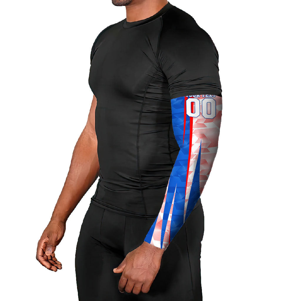 Personalized England Football Arm Sleeves Powerful Lion Kicking Ball Red Blue Chevron Zigzag