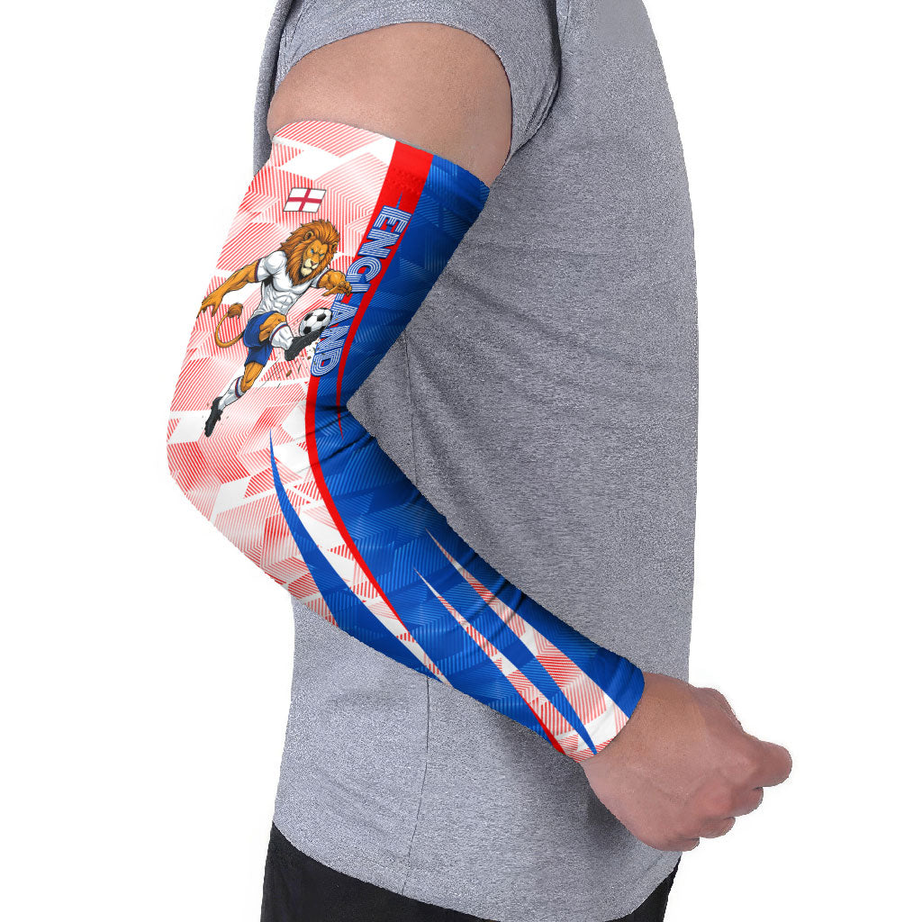 Personalized England Football Arm Sleeves Powerful Lion Kicking Ball Red Blue Chevron Zigzag